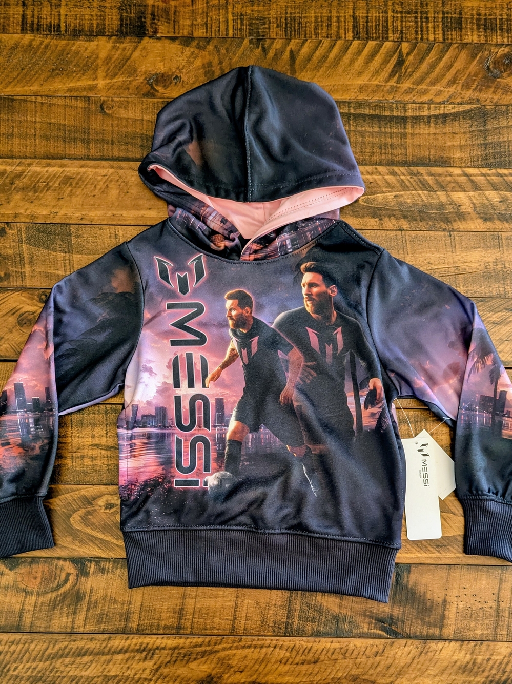 Messi Unisex Kids Pullover Hoodie XS 4/5 Black Pink Fleece Graphic Logo NWT